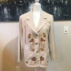 Maggie Sweet Women's Blazer Cream with Floral Embroidery Padded Shoulders-L